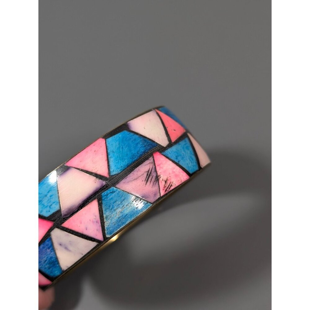 Vintage Brass Blue Pink Triangle Inlay Bangle Bracelet Tribal Boho small - Picture 4 of 9